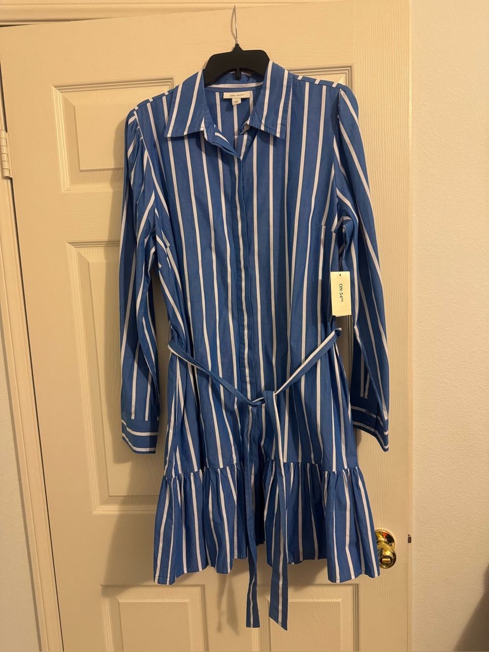 Blue & White Striped Women Shirt Dress with Tie Waist